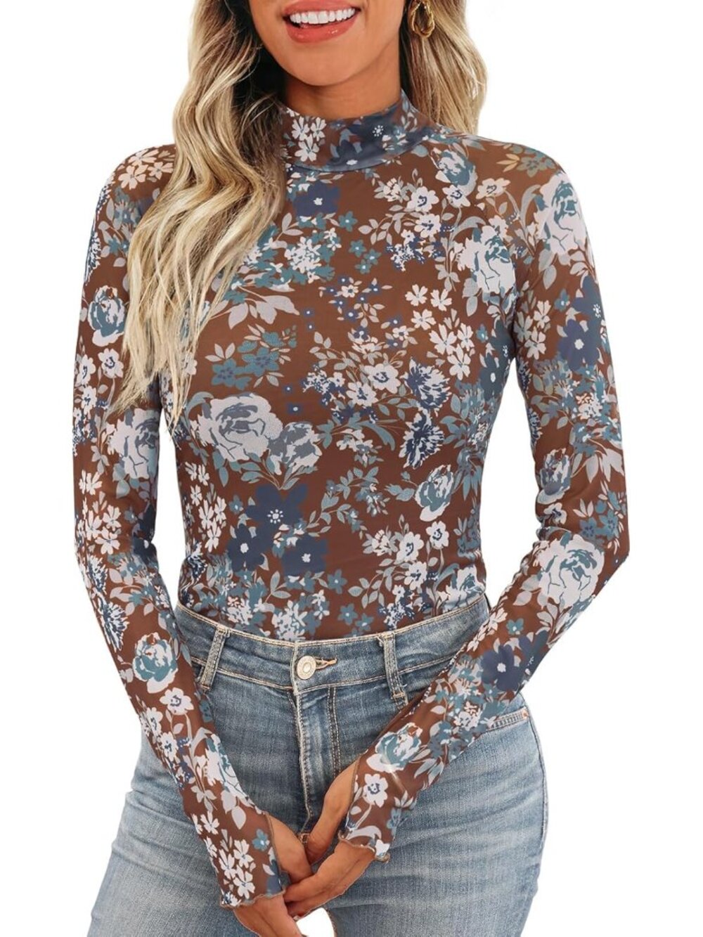 Lightweight Floral Mesh Long Sleeve Shirt with Mock Neck for Casual Wear